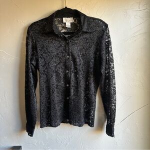 Vintage Black Sheer Lace Long Sleeve Button-Up Shirt Gothic Fairycore Y2K Sz S